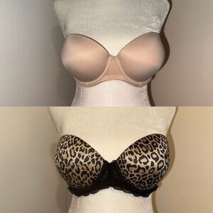 Bundle of 2 Victoria’s Secret Pink Strapless Bras, Nude & Leopard, Size 34C